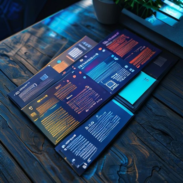A stack of colorful postcard flyers fanned out on a wooden table, each showing a different bold h... - AI Precision Marketing