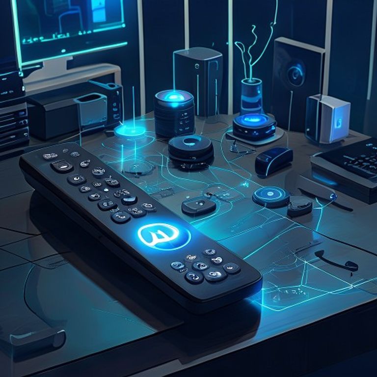 A universal remote control with a glowing 'AI' button, pointed at a cluster of various modern sma... - AI Precision Marketing