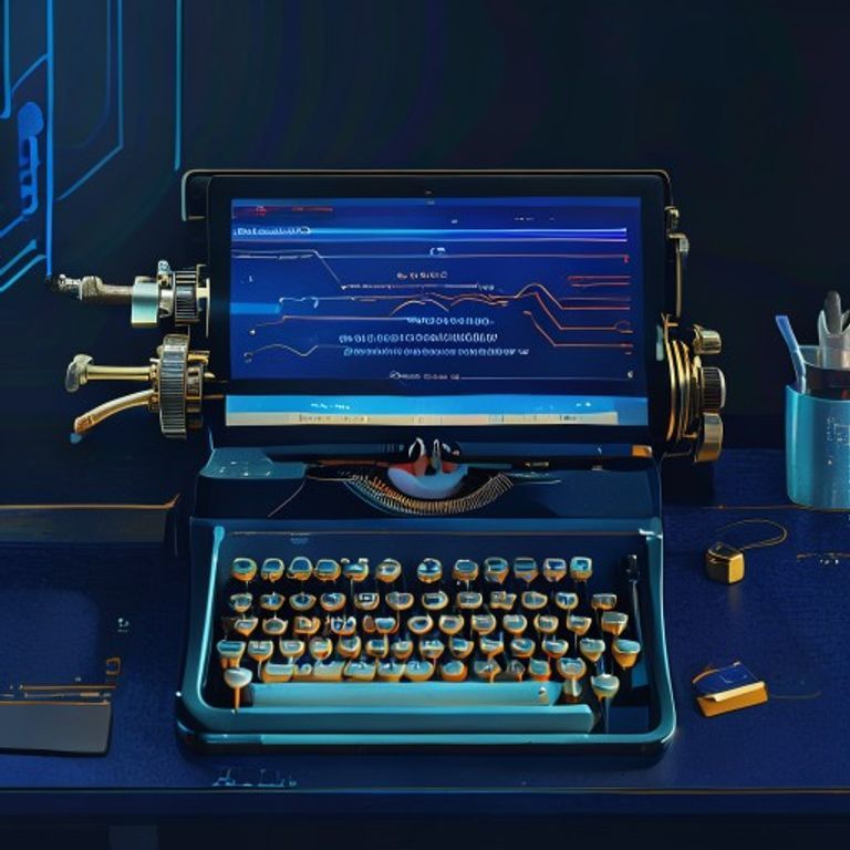 A neatly organized desk with a vintage typewriter, but instead of paper, a tablet screen displays... - AI Precision Marketing