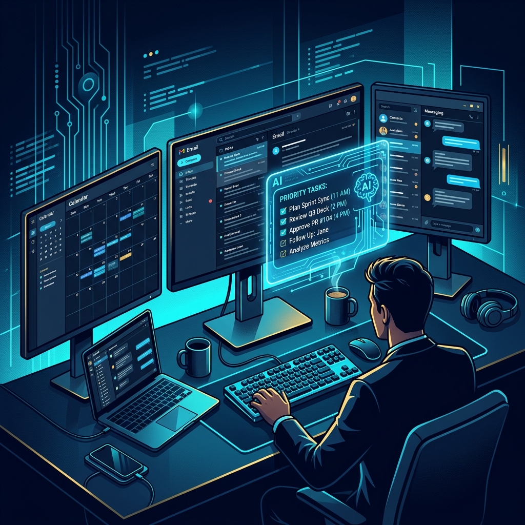 Modern tech workspace with multiple digital screens showing calendar, email, and messaging apps,... - AI Precision Marketing