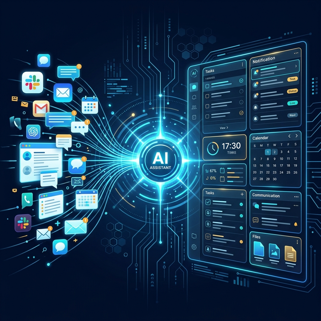 Modern digital workspace showing AI assistant organizing multiple apps and notifications into a c... - AI Precision Marketing
